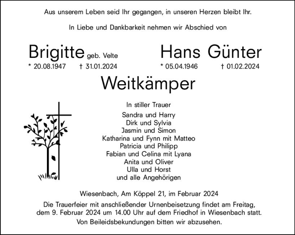  Traueranzeige für Brigitte Weitkämper vom 06.02.2024 aus Hinterländer Anzeiger