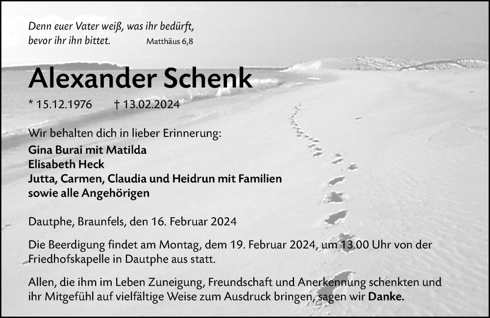  Traueranzeige für Alexander Schenk vom 16.02.2024 aus Hinterländer Anzeiger