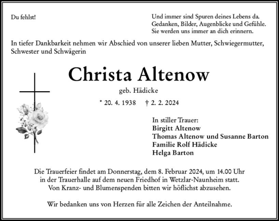 Traueranzeige von Christa Altenow von Wetzlarer Neue Zeitung