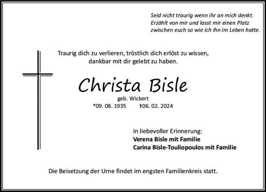 Traueranzeige von Christa Bisle von Allgemeine Zeitung Bingen/Ingelheim