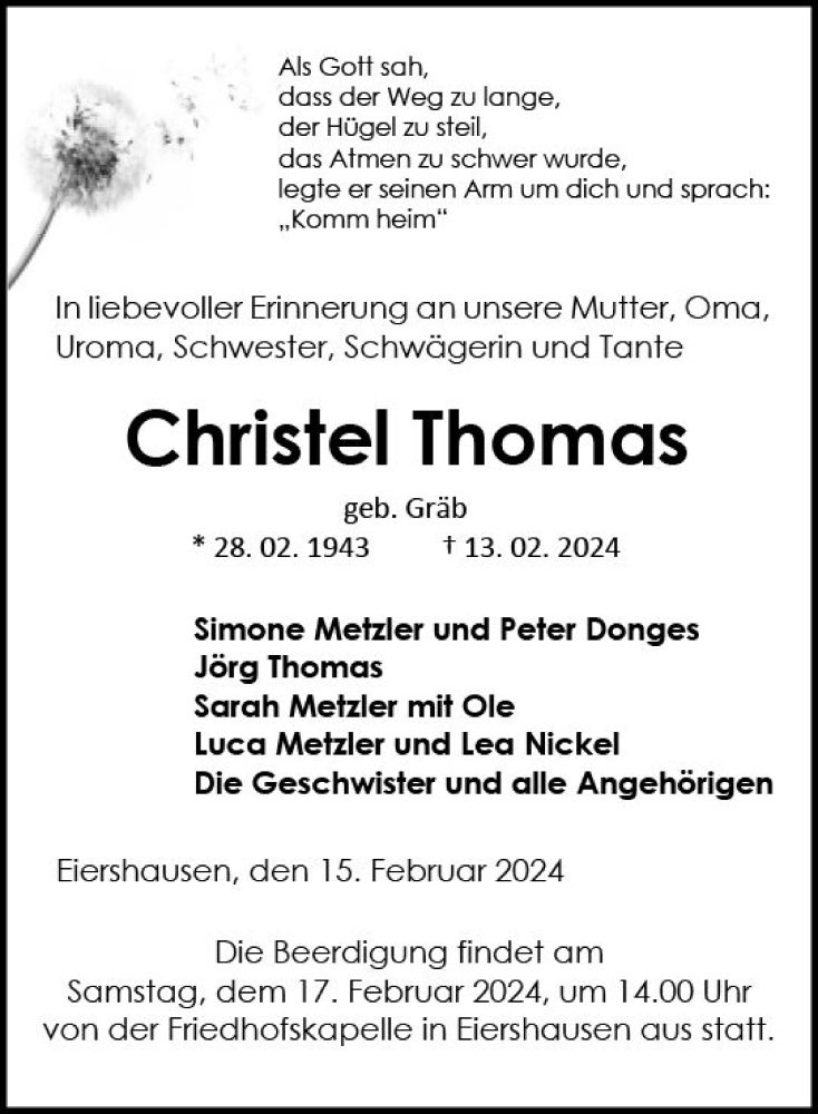  Traueranzeige für Christel Thomas vom 15.02.2024 aus Dill Block