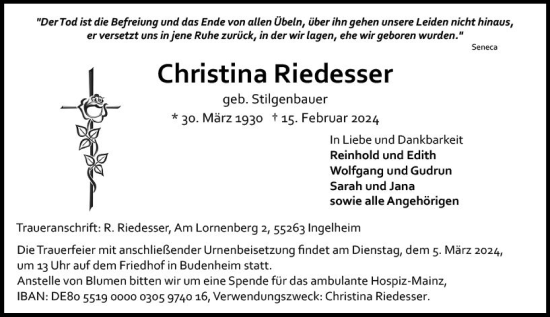 Traueranzeige von Christina Riedesser von Allgemeine Zeitung Mainz