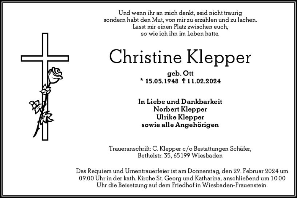  Traueranzeige für Christine Klepper vom 24.02.2024 aus Wiesbadener Kurier