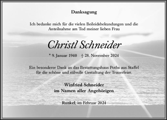 Traueranzeige von Christl Schneider von Nassauische Neue Presse