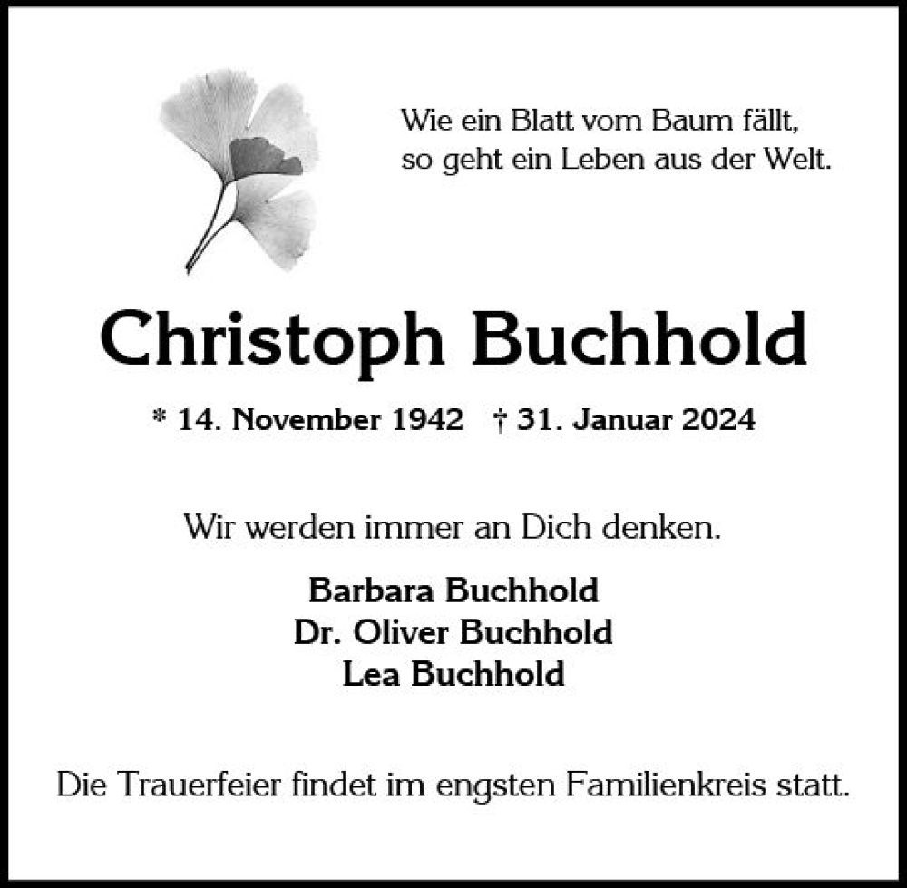  Traueranzeige für Christoph Buchhold vom 10.02.2024 aus Wiesbadener Kurier