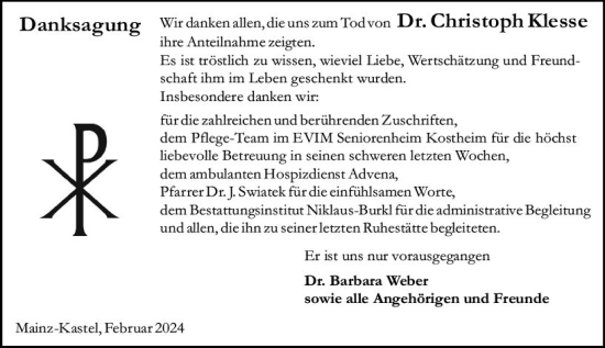 Traueranzeige von Christoph Klesse von Allgemeine Zeitung Mainz
