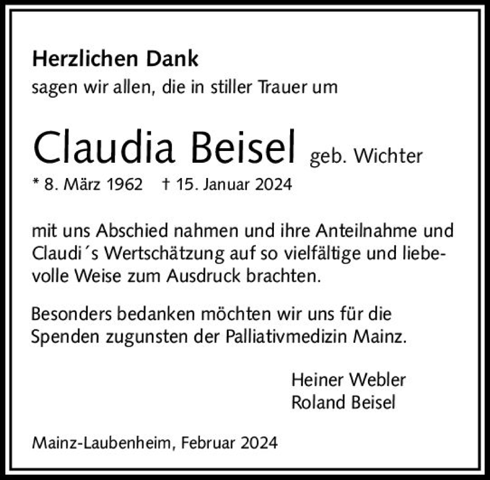  Traueranzeige für Claudia Beisel vom 10.02.2024 aus Allgemeine Zeitung Mainz