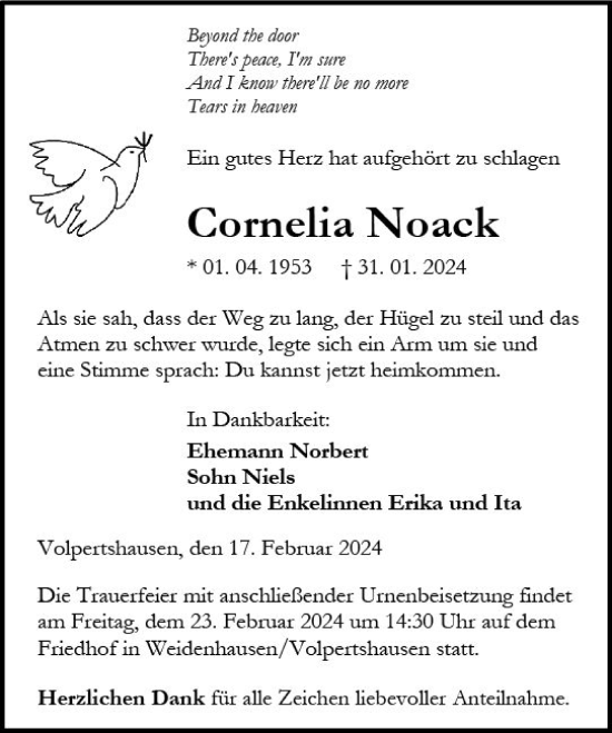 Traueranzeige von Cornelia Noack von Wetzlarer Neue Zeitung