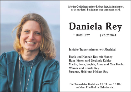 Traueranzeige von Daniela Rey von Allgemeine Zeitung Mainz