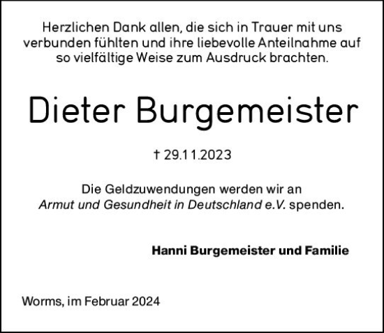 Traueranzeige von Dieter Burgemeister von Wormser Zeitung