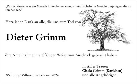 Traueranzeige von Dieter Grimm von Weilburger Tageblatt