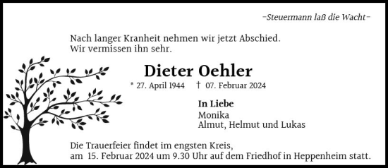 Traueranzeige von Dieter Oehler von Starkenburger Echo