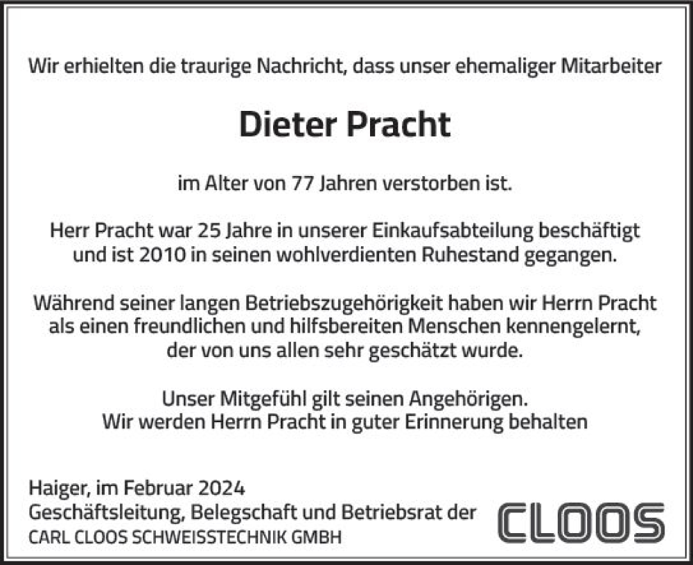  Traueranzeige für Dieter Pracht vom 07.02.2024 aus Dill Block
