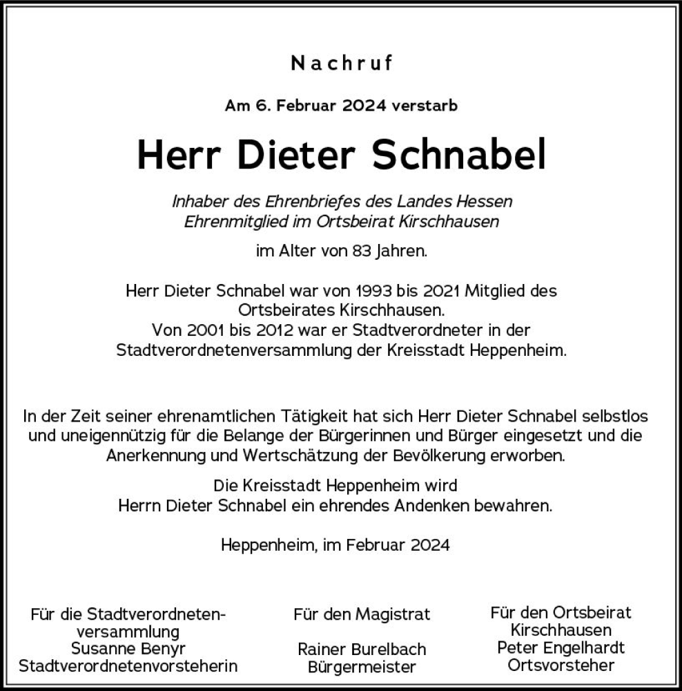  Traueranzeige für Dieter Schnabel vom 22.02.2024 aus Starkenburger Echo