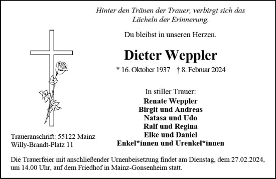 Traueranzeige von Dieter Weppler von Allgemeine Zeitung Mainz
