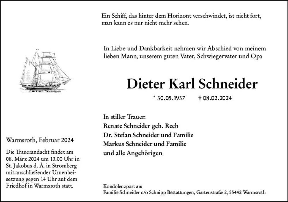  Traueranzeige für Dieter Karl Schneider vom 24.02.2024 aus Allgemeine Zeitung Bad Kreuznach