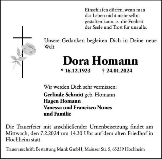 Traueranzeige von Dora Homann von Hochheimer Zeitung