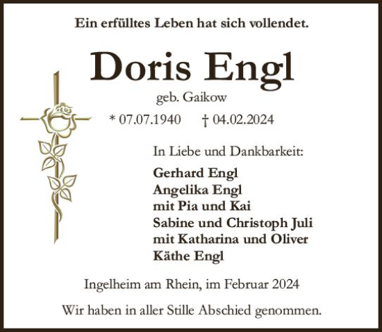 Traueranzeige von Doris Engl von Allgemeine Zeitung Bingen/Ingelheim