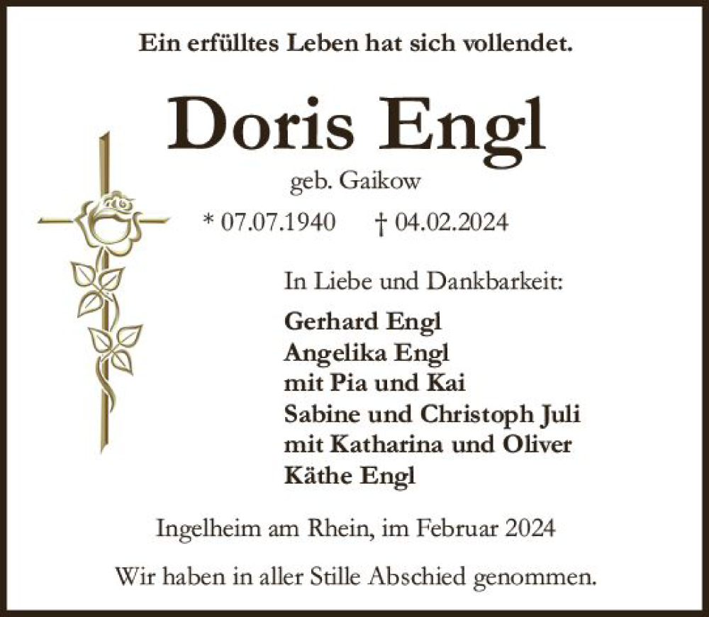 Traueranzeige für Doris Engl vom 10.02.2024 aus Allgemeine Zeitung Bingen/Ingelheim
