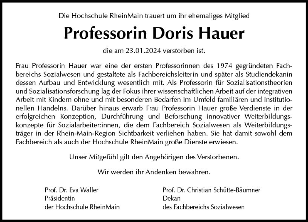  Traueranzeige für Doris Hauer vom 10.02.2024 aus Wiesbadener Kurier