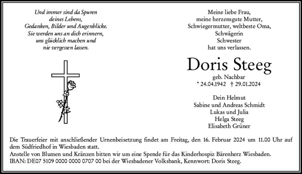  Traueranzeige für Doris Steeg vom 10.02.2024 aus Wiesbadener Kurier