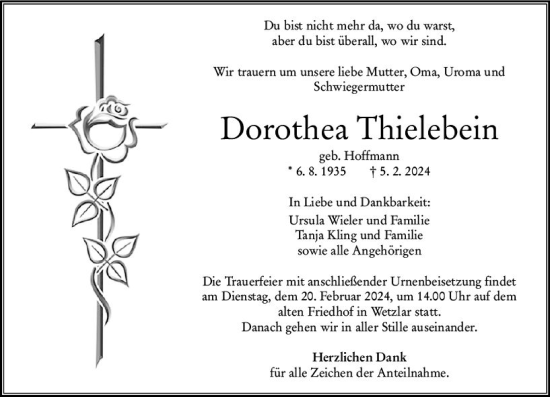 Traueranzeige von Dorothea Thielebein von Wetzlarer Neue Zeitung