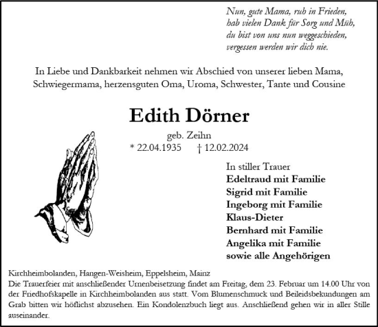 Traueranzeige von Edith Dörner von Allgemeine Zeitung Alzey