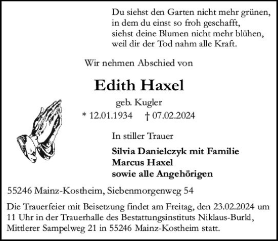 Traueranzeige von Edith Haxel von Allgemeine Zeitung Mainz
