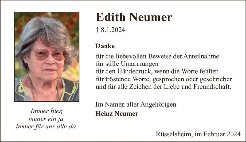  Traueranzeige für Edith Neumer vom 10.02.2024 aus Rüsselsheimer Echo