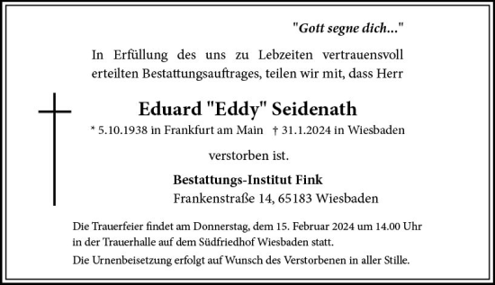 Traueranzeige von Eduard Seidenath von Wiesbadener Kurier