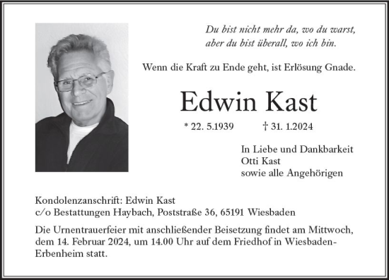Traueranzeige von Edwin Kast von Wiesbadener Kurier