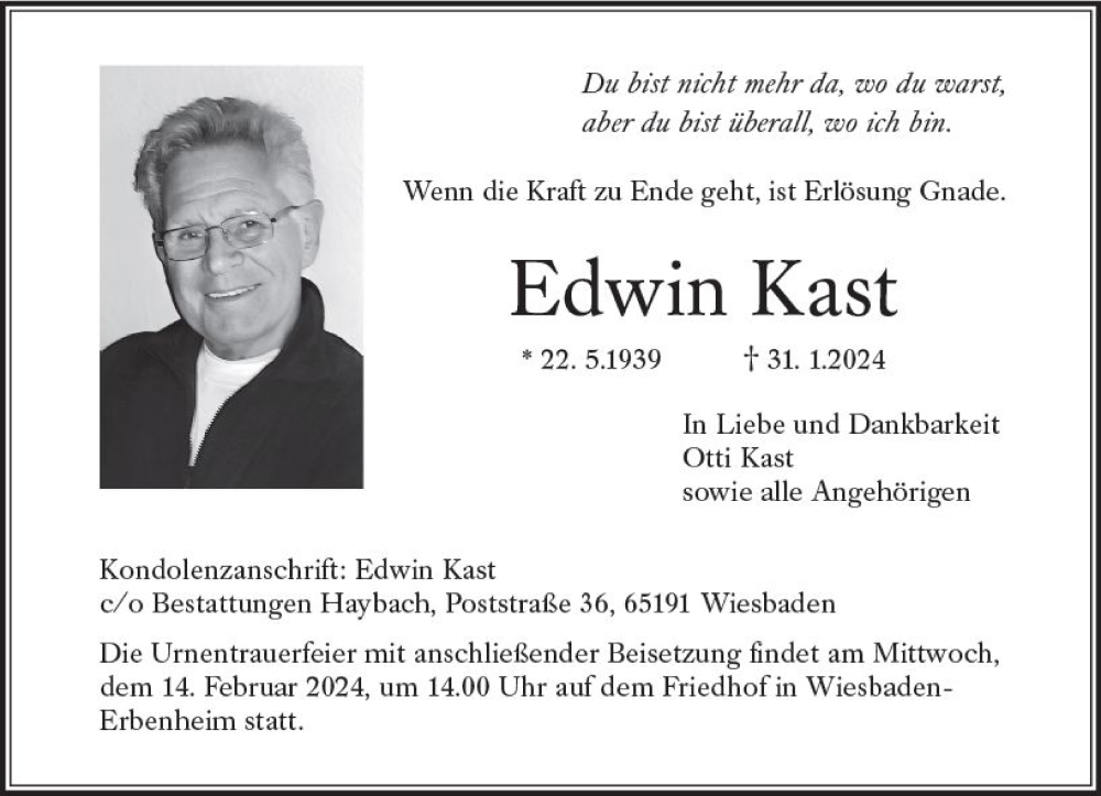  Traueranzeige für Edwin Kast vom 10.02.2024 aus Wiesbadener Kurier