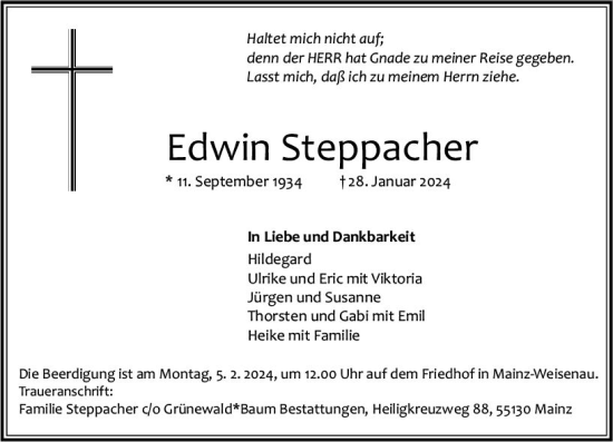 Traueranzeige von Edwin Steppacher von Allgemeine Zeitung Mainz