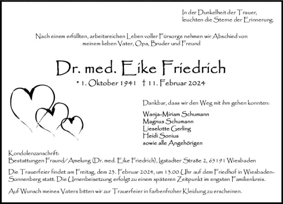 Traueranzeige von Eike Friedrich von Wiesbadener Kurier