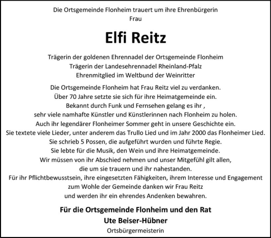 Traueranzeige von Elfi Reitz von Allgemeine Zeitung Alzey