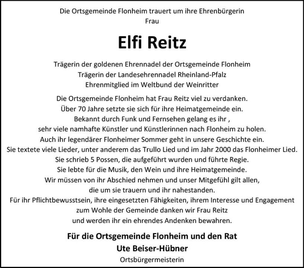  Traueranzeige für Elfi Reitz vom 17.02.2024 aus Allgemeine Zeitung Alzey