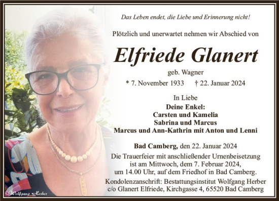 Traueranzeige von Elfriede Glanert von Camberger Anzeiger