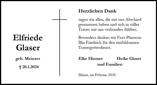 Traueranzeige von Elfriede Glaser von Allgemeine Zeitung Mainz