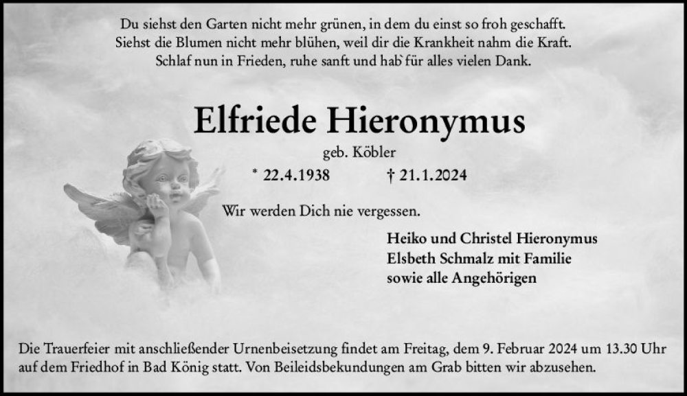  Traueranzeige für Elfriede Hieronymus vom 03.02.2024 aus Odenwälder Echo