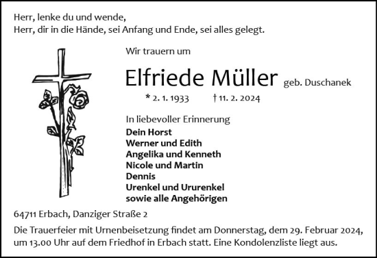 Traueranzeige von Elfriede Müller von Odenwälder Echo