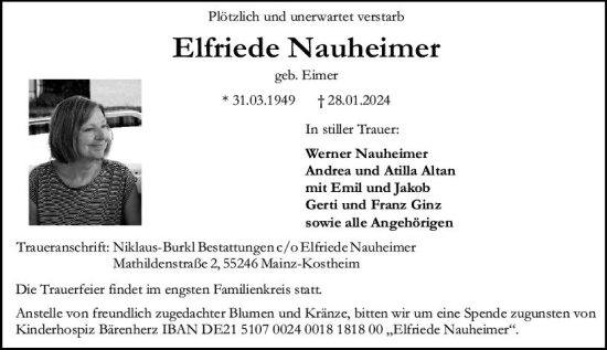 Traueranzeige von Elfriede Nauheimer von Allgemeine Zeitung Mainz