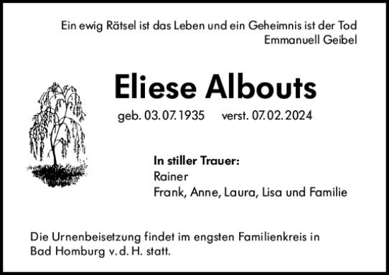 Traueranzeige von Eliese Albouts von Weilburger Tageblatt
