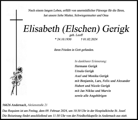 Traueranzeige von Elisabeth Gerigk von Allgemeine Zeitung Alzey