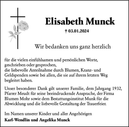 Traueranzeige von Elisabeth Munck von Hochheimer Zeitung