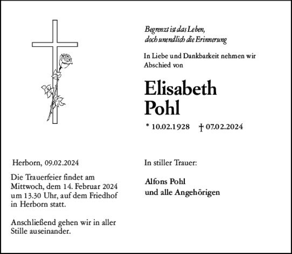  Traueranzeige für Elisabeth Pohl vom 10.02.2024 aus Dill Block