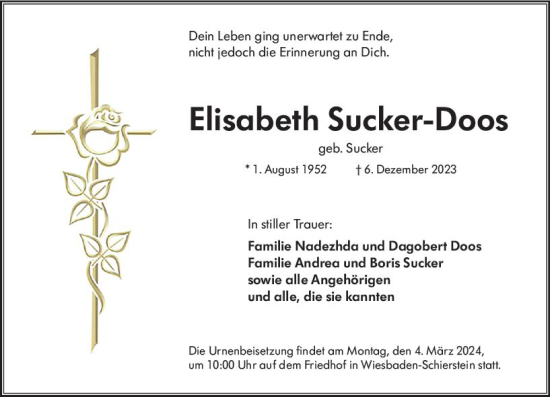 Traueranzeige von Elisabeth Sucker-Doos von Wiesbadener Kurier