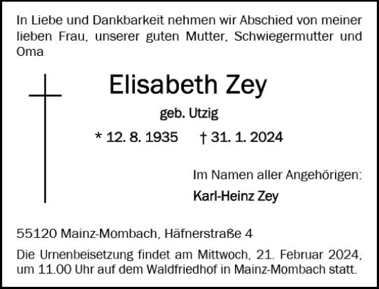 Traueranzeige von Elisabeth Zey von Allgemeine Zeitung Mainz