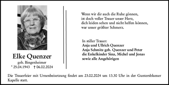 Traueranzeige von Elke Quenzer von Allgemeine Zeitung Mainz