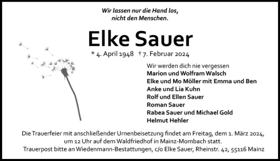 Traueranzeige von Elke Sauer von Allgemeine Zeitung Mainz