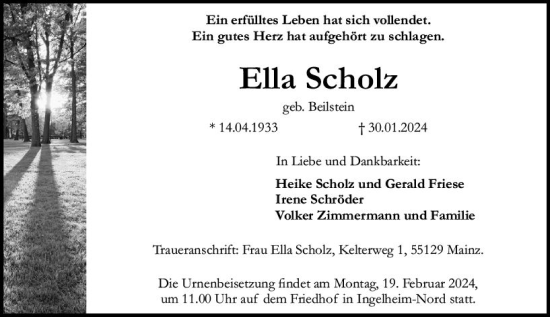 Traueranzeige von Ella Scholz von Allgemeine Zeitung Bingen/Ingelheim